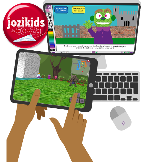 An image showing Purple Mash being used at home with the jozikids logo.