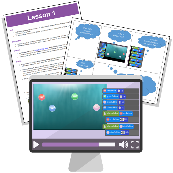 An image showing 2Code displayed on a desktop plus a collection of 2Code lesson plans from Purple Mash by 2Simple Ltd