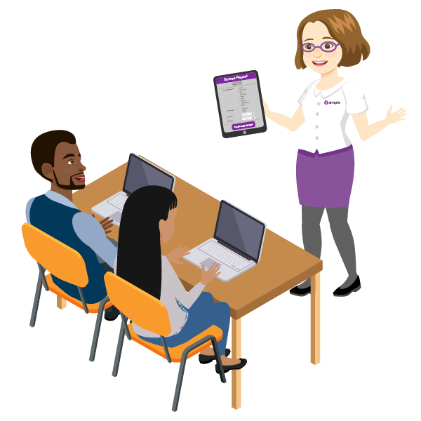 Illustrated image showing a 2Simple professional development coordinator instructing two primary school teachers.