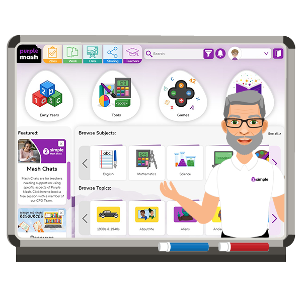 Illustrated image showing a 2Simple professional development coordinator standing in-front of a digital whitebaord displaying Purple Mash by 2Simple Ltd