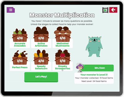 A tablet displaying the Monster multiplication maths game from Purpe Mash by 2Simple Ltd