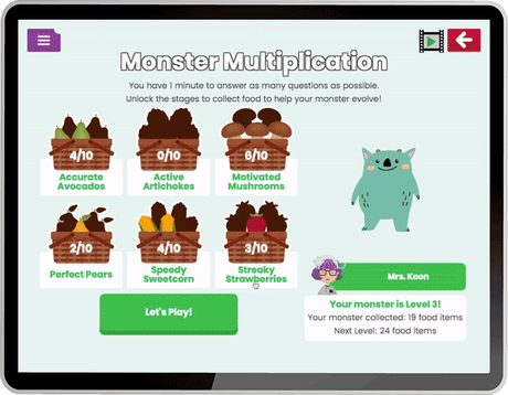 A tablet displaying the Monster multiplication maths game from Purpe Mash by 2Simple Ltd