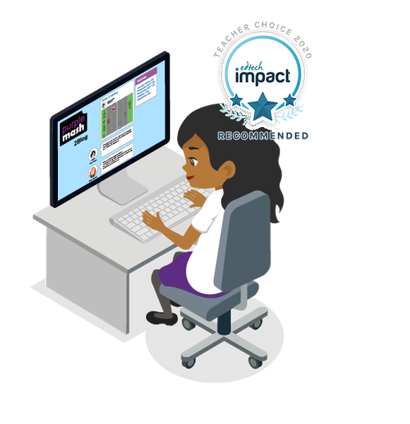 A primary school child using Purple Mash on a desktop with the EdTech Impact logo by 2Simple Ltd