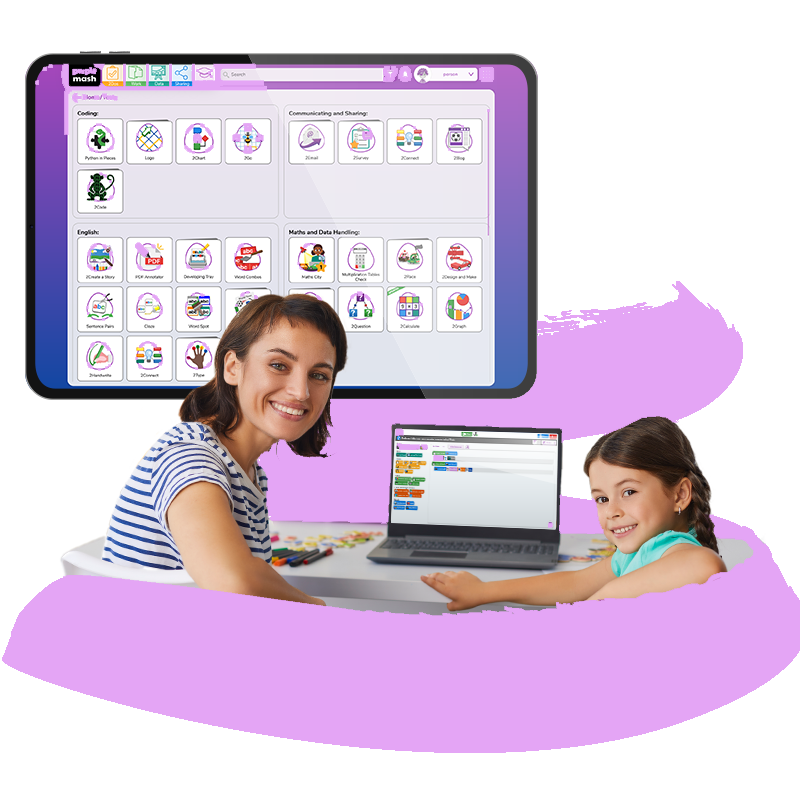 a teacher sits with a student on purple mash